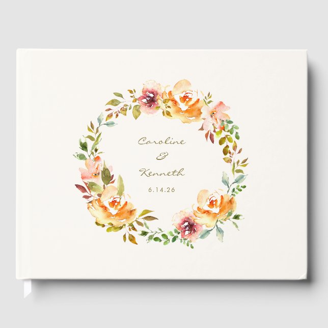 Elegant Colourful Watercolor Floral Wedding Names Guest Book (Front)