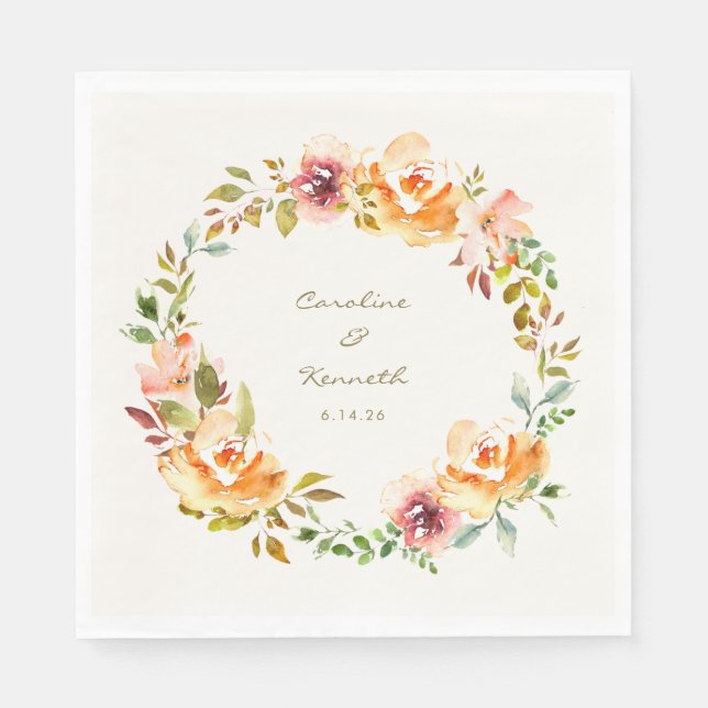 Elegant Colourful Watercolor Floral Wedding Names  Napkin (Front)