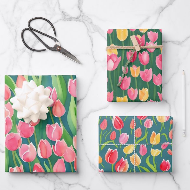 Elegant Colourful Watercolor Tulip Flowers Garden  Wrapping Paper Sheet (Front)
