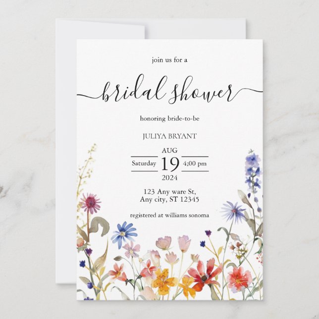 Elegant colourful wildflower bridal shower invitation (Front)