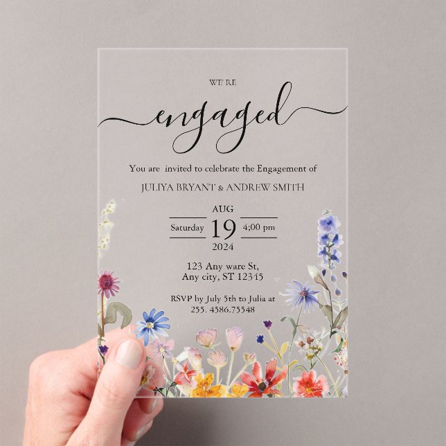 Elegant colourful wildflower engagement party acrylic invitations (Insitu (Handheld))