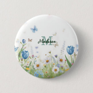 Elegant Colourful  Wildflower Flower blue butterfl 6 Cm Round Badge