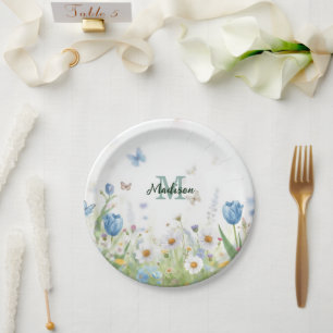 Elegant Colourful Wildflower Flower blue butterfl Paper Plate