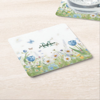 Elegant Colourful  Wildflower Flower blue butterfl Square Paper Coaster
