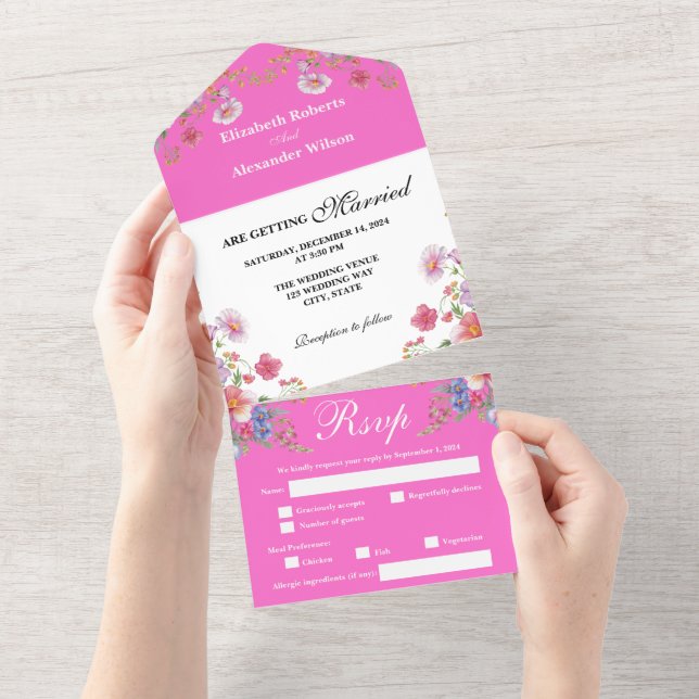 Elegant Colourful Wildflower Magenta Wedding All In One Invitation (Tearaway)