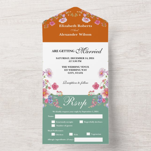 Elegant Colourful Wildflower Orange Green Wedding All In One Invitation (Inside)