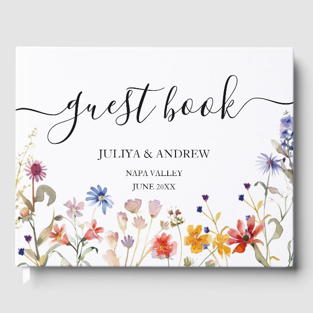 Elegant colourful wildflower wedding  guest book (Front)