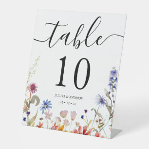 Elegant colourful wildflower wedding table number pedestal sign