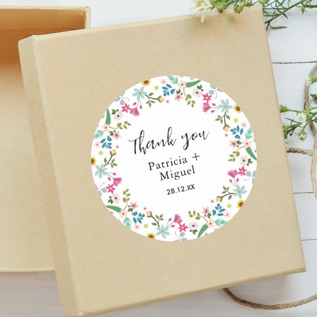 Elegant Colourful Wildflower Wedding Thank You Classic Round Sticker (Creator Uploaded)