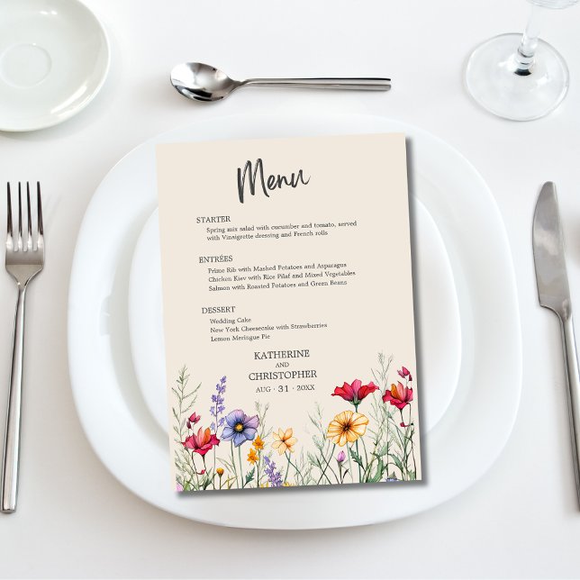 Elegant Colourful Wildflowers Beige Wedding Menu (Colorful Wildflowers Wedding Menu with purple, orange, red jewel tone flowers, menu choices.)