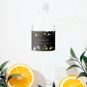Elegant Colourful Wildflowers Black Graduate Party Water Bottle Label