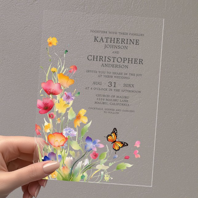 Elegant Colourful Wildflowers Butterfly Wedding Acrylic Invitations (Elegant Colorful Wildflowers Butterfly Wedding Clear Acrylic Invitation with Couple Names in Gray.)