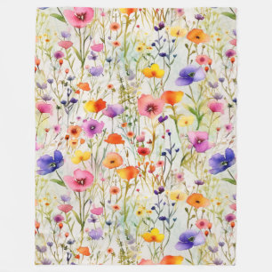 Elegant colourful wildflowers watercolor fleece blanket