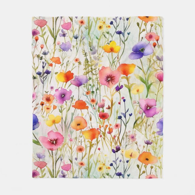 Elegant colourful wildflowers watercolor fleece blanket (Front)