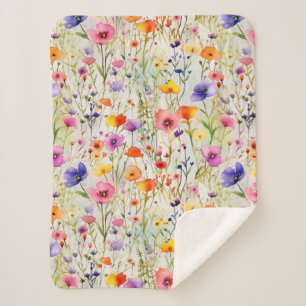 Elegant colourful wildflowers watercolor sherpa blanket