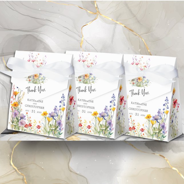 Elegant Colourful Wildflowers Wedding Thank You Favour Box (Elegant Colorful Wildflowers Wedding Thank You Favor Bow Box with Couple's Names, Date.)