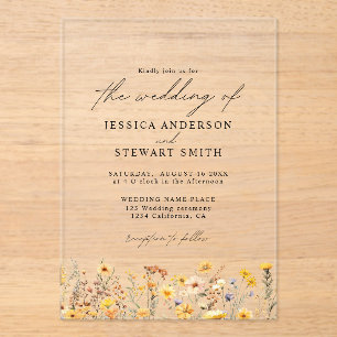 Elegant Colourful Yellow Wildflowers Wedding Acrylic Invitations