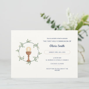 Elegant Communion Invite – Floral Wreath & Chalice