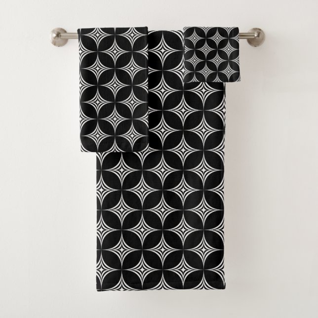 Elegant Concentric Diamonds in Black & White Bath Towel Set (Insitu)