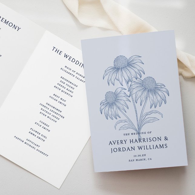 Elegant Coneflower Botanical Dusty Blue Wedding Programme (Creator Uploaded)