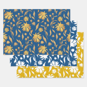Elegant Coneflowers in Blue and Yellow Wrapping Paper Sheet
