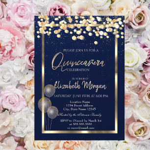 Elegant Confetti Balloons Navy Blue Quinceañera Invitation