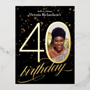 Elegant Confetti Black Gold Photo 40th Birthday Foil Invitation Postcard