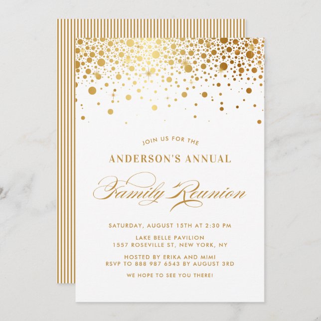 Elegant Confetti Dots Gold Foil Family Reunion Invitation (Front/Back)