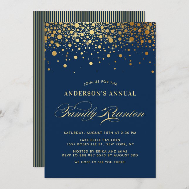Elegant Confetti Gold Foil Blue Family Reunion Invitation (Front/Back)