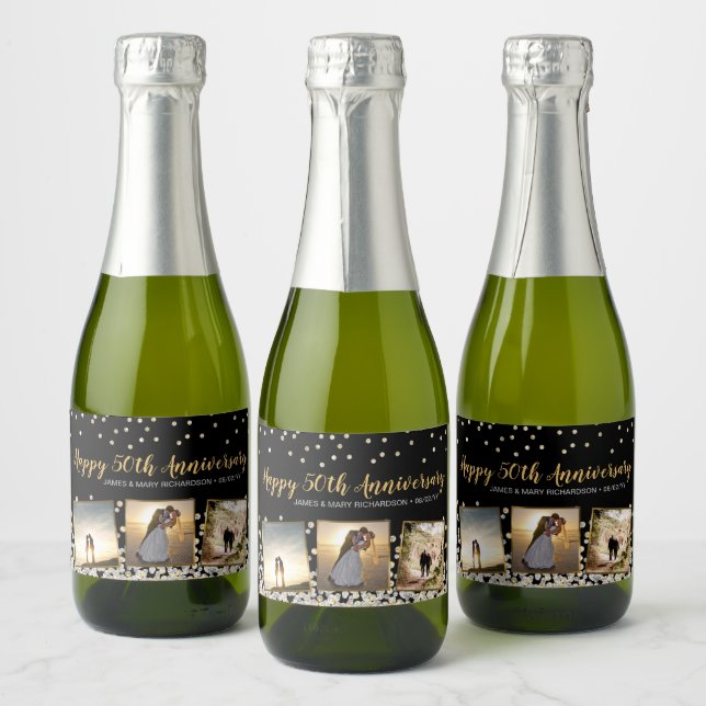 Elegant Confetti Photo Collage 50th Anniversary Sparkling Wine Label (Bottles)