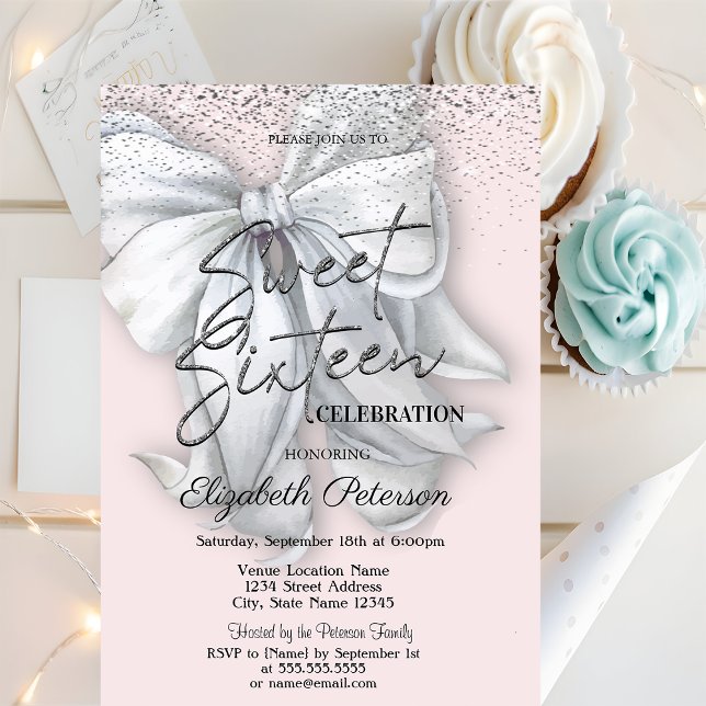 Elegant Confetti White Bow Pink Sweet 16 Invitation (Creator Uploaded)