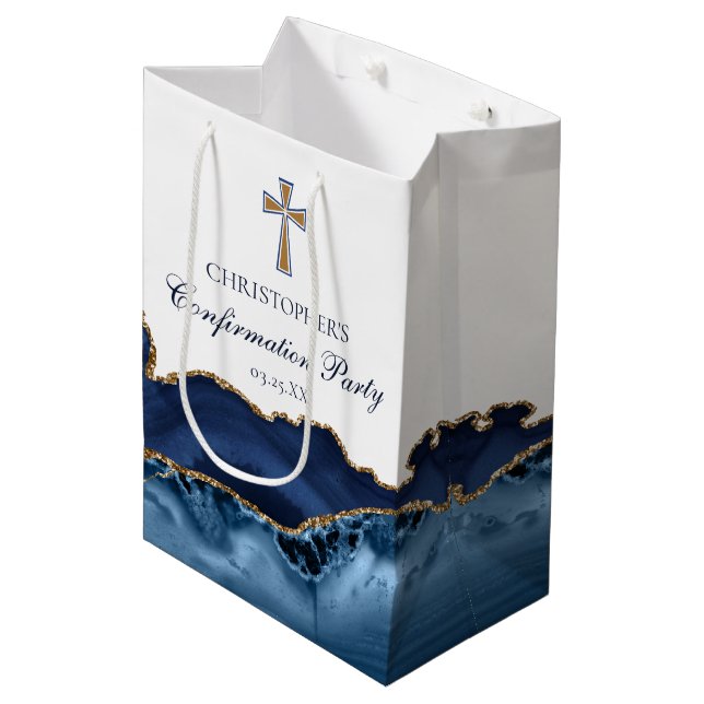 Elegant Confirmation Church Party Customised Blue Medium Gift Bag (Front Angled)