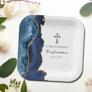 Elegant Confirmation Cross Navy Blue Gold Agate Paper Plate