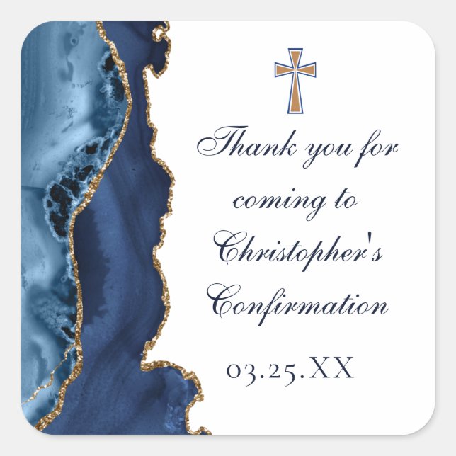 Elegant Confirmation Cross Navy Blue Gold Agate Square Sticker (Front)