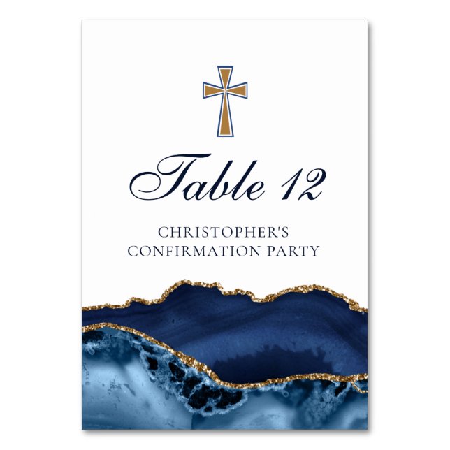 Elegant Confirmation Cross Navy Blue Gold Agate Table Number (Front)