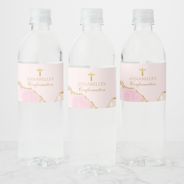 Elegant Confirmation Cross Pink Gold Agate Custom Water Bottle Label (Bottles)