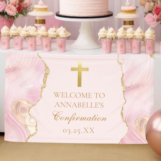 Elegant Confirmation Cross Pink Gold Agate Party Banner (Creator Uploaded)