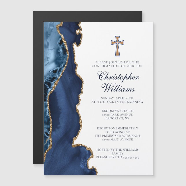 Elegant Confirmation Navy Blue Gold Agate Magnetic Invitation (Front/Back)