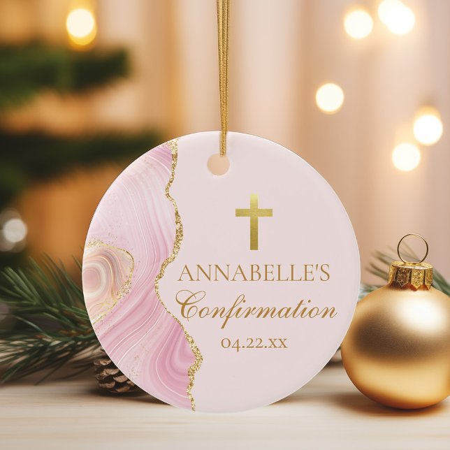 Elegant Confirmation Pink Gold Custom Keepsake Ceramic Tree Decoration (Creator Uploaded)