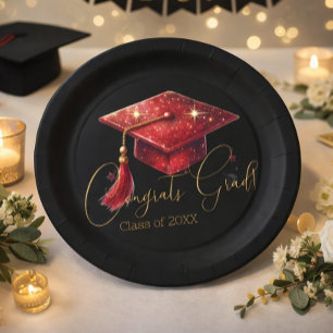 Elegant Congrats Grad Artwork in Red, Gold & Black Paper Plate