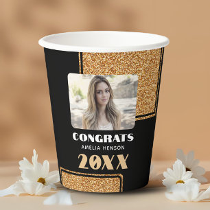 Elegant Congrats Graduate Gold Glitter Photo Paper Cups