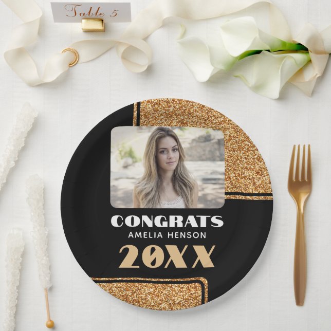 Elegant Congrats Graduate Gold Glitter Photo  Paper Plate (Wedding)