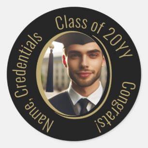Elegant Congrats Graduation Photo in Black & Gold Classic Round Sticker