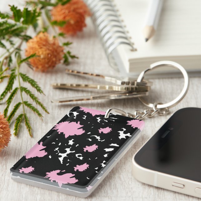 Elegant Contrast – Soft Pink & Black Abstract  Key Ring (Front Right)