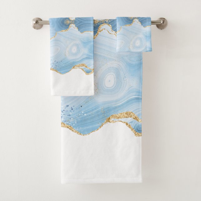 Elegant Cool Blue Agate and Gold Glitter Border Bath Towel Set (Insitu)