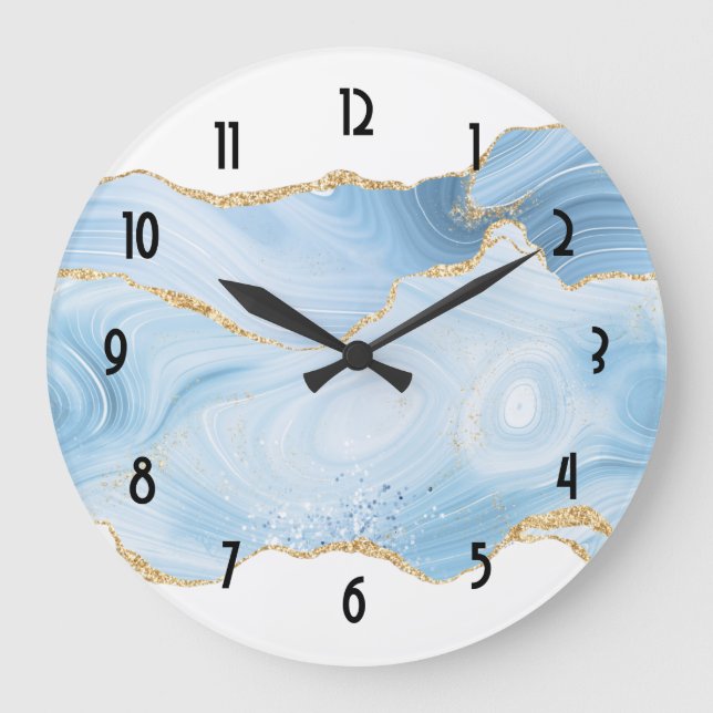 Elegant Cool Blue Agate and Gold Glitter Border Large Clock (Front)