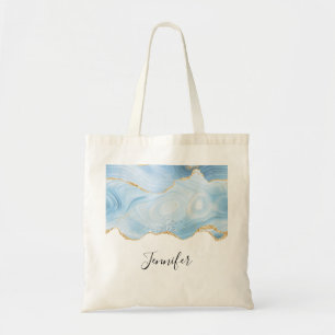Elegant Cool Blue Agate and Gold Glitter Border Tote Bag