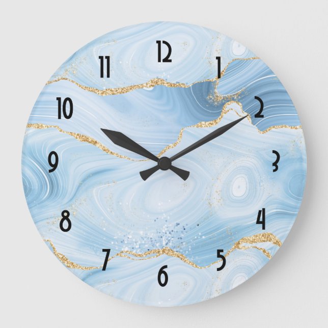 Elegant Cool Blue Agate and Gold Glitter Large Clock (Front)