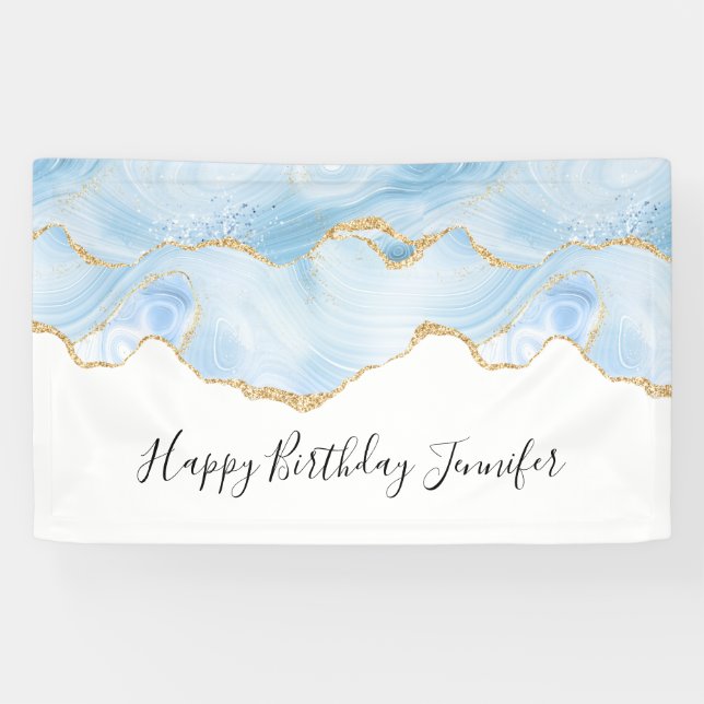 Elegant Cool Blue Agate and Gold Glitter Ribbon Banner (Horizontal)