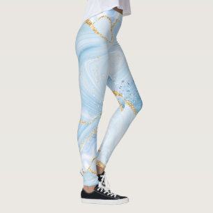Elegant Cool Blue Agate and Gold Glitter Ribbon Leggings